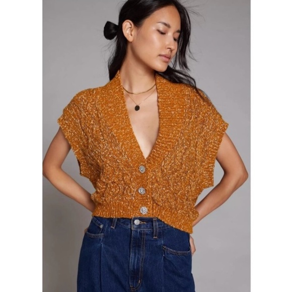 Anthropologie Maeve Relaxed Cardigan Sweater Vest Cable Knit V Neck Marigold XS - Picture 1 of 13